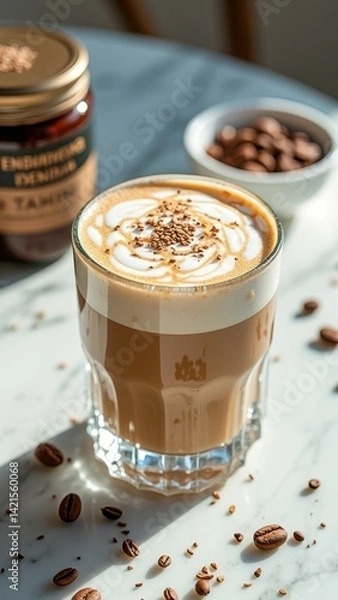 Fototapeta Creamy cappuccino with cocoa topping and coffee beans on a marble table