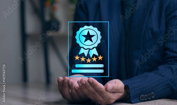 Fototapeta Quality Assurance Certificates Compliance Control Audits Certifications Best Quality with Five Gold Stars for Product Assurance and Service Concept ISO Satisfaction Happiness
