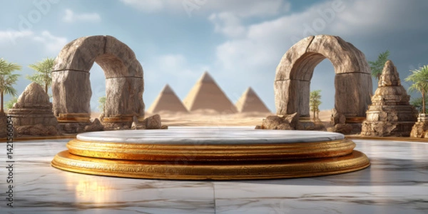 Fototapeta Ancient Egyptian-Inspired Marble Podium with Golden Trim and Pyramids in Background — Historical Prestige and Presentation Concept