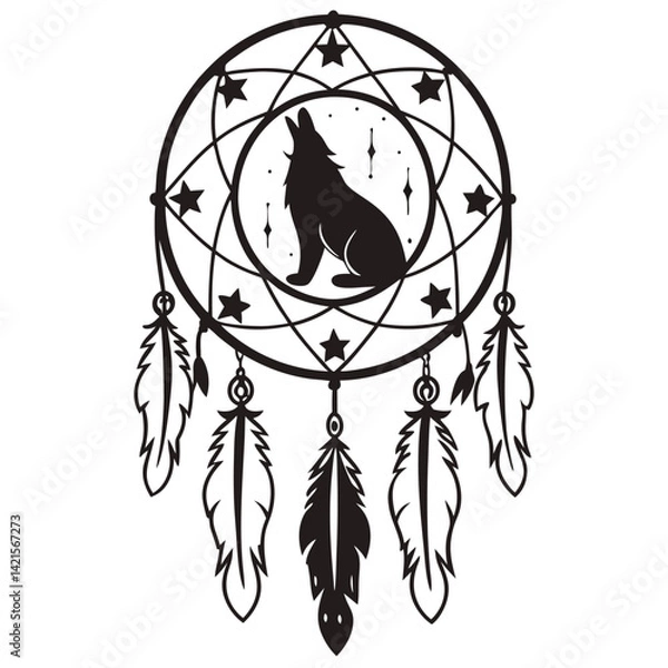 Fototapeta Mystical wolf silhouette designs in nature scenes with spiritual, emotional and tribal elements vector illustration
