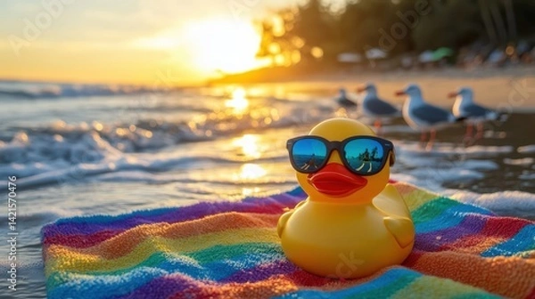 Fototapeta A cheerful rubber duck in sunglasses enjoys a sunset at the beach, surrounded by waves and seagulls. Fun and relaxing vibes.
