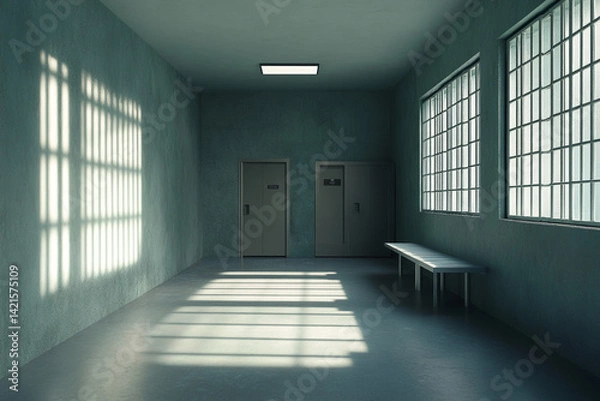 Obraz Long corridor with barred windows doors and a bench sunlight streams in