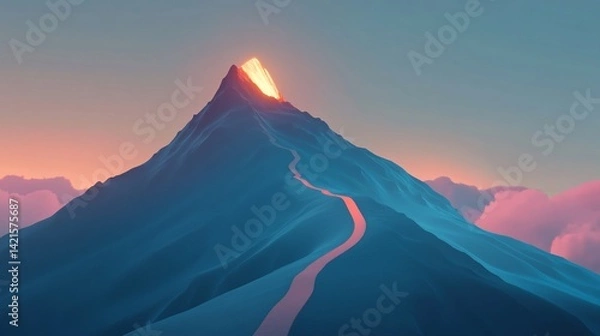 Fototapeta Minimalist mountain with glowing peak and winding path at sunset, a serene digital landscape
