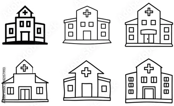 Fototapeta Hand Drawn Hospital Building Icons Set – Medical Clinic Outline Vector Collection