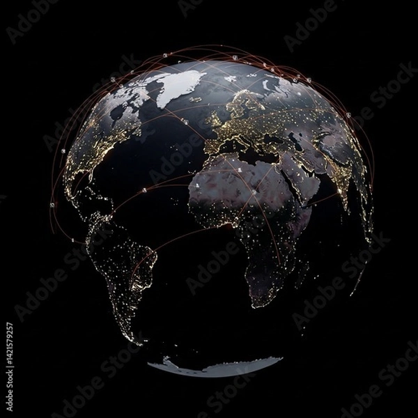 Fototapeta Global Connectivity: A Stunning Visualization of Earth Illuminated by City Lights, Representing Humanity’s Interconnectedness and Technological Advances.