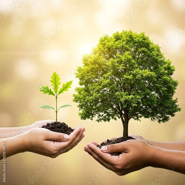 Fototapeta Nature's Growth: A Symbolic Representation of Nurturing the Environment, Showcasing the Journey from Seedling to Thriving Tree 