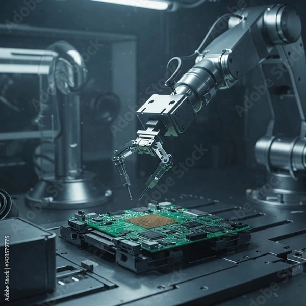 Fototapeta Precision Robotics: A Cutting-Edge Scene in an Automated Manufacturing Facility, Showcasing Robotic Arms Assembling Electronic Circuits.