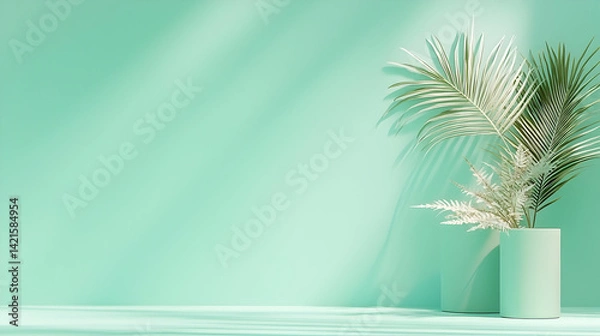 Fototapeta Pastel Green Minimalist Scene with Tropical Plants and Soft Lighting