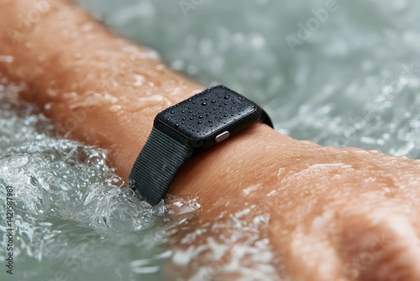 Obraz A close-up of a wrist with a waterproof smartwatch submerged in water, showcasing droplets on its surface.