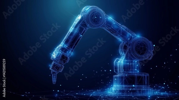 Obraz Smart industry robot arms modernization for digital factory technology, showcasing the automation process in Industry 4.0 with IoT control operation and low poly wireframe design.