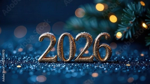 Obraz A sparkling new year 2026 display, featuring glittery golden numbers amidst a backdrop of shimmering lights and festive greenery, perfect for celebrating the new year and holiday themes.