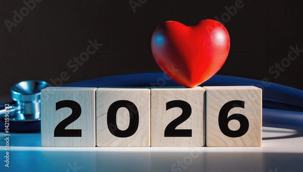Obraz 2026 numbers with medical instrument and red heart. New Year, holidays, health care