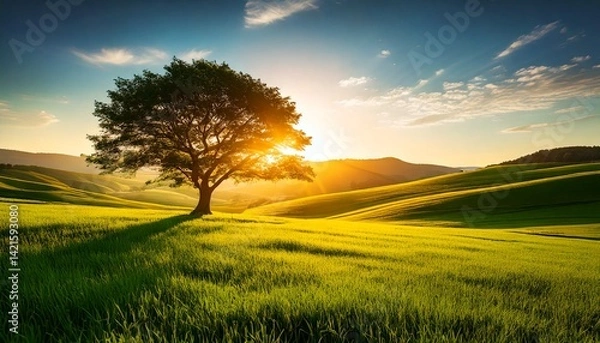Obraz Serene Sunset Landscape Solitary Tree in Rolling Green Hills