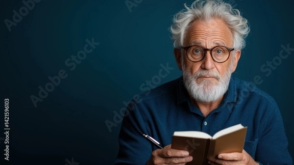 Fototapeta An elderly man is depicted with a thoughtful expression, holding an open book closely, showcasing the importance of wisdom, learning, and knowledge in one's golden years.