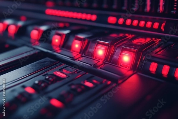 Fototapeta Futuristic control panel with glowing red lights.  Close-up view of a high-tech interface