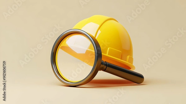 Obraz Yellow Hard Hat and Magnifying Glass on Beige Background