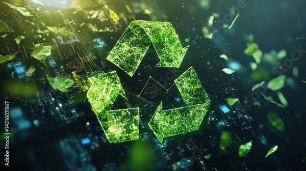 Fototapeta Digital Recycle Symbol Surrounded by Leaves on a Circuit Board Background