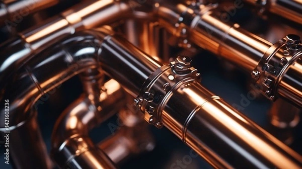 Obraz Detailed close-up of copper industrial pipes and fittings, showcasing the craftsmanship