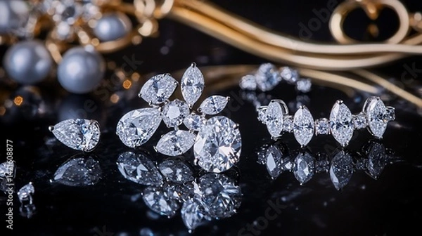 Fototapeta Elegant Diamond Jewelry Collection Displayed on Reflective Surface