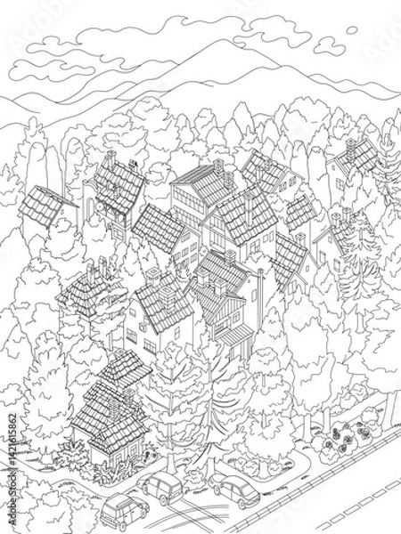 Obraz Isometric view on a small cozy village in a trees and mountains on background