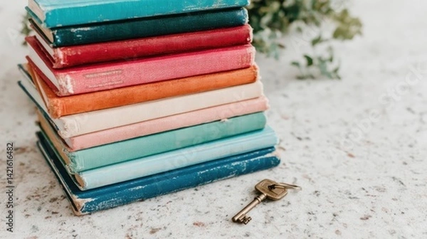 Fototapeta Vintage books stacked with a rustic key on a textured surface