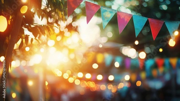 Obraz Colorful triangular party flags are strung between trees with softly glowing st lights and bright sunshine filte through the leaves creating a festive atmosphere.