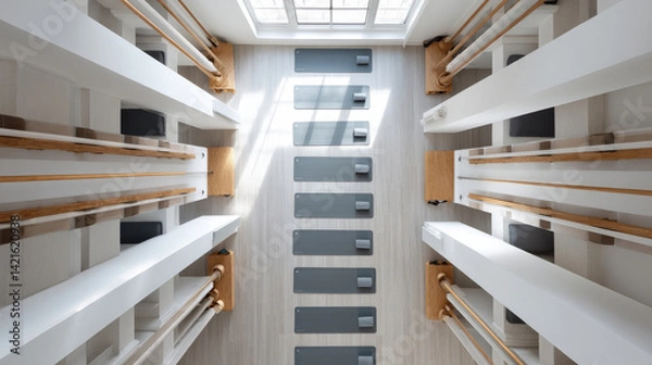 Fototapeta Fitness studio concept yoga minimalminimal fitness studio with yoga mats arranged neatly in bright space