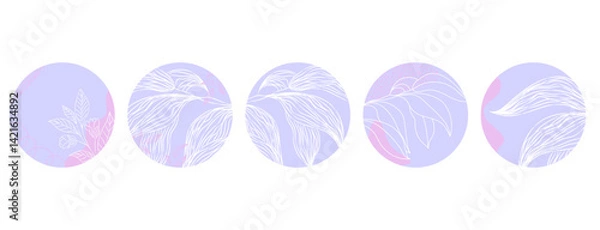 Obraz Round abstract templates with white botanical line art on soft violet and pink background. Modern minimalist design for social media, branding, and aesthetic decoration.