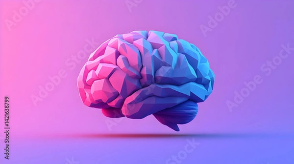 Fototapeta Low Poly Brain 3D Render in Pink and Blue Neon Light