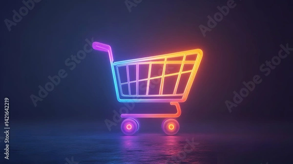 Obraz Neon Glowing Shopping Cart Icon on Dark Background