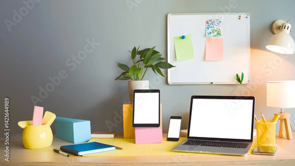 Fototapeta A tidy workspace with a laptop, tablet, smartphone, and stationery on a wooden desk.