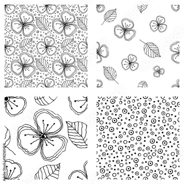 Fototapeta Set of seamless vector floral patterns. Black and white hand drawn background with flowers, leaves, decorative elements. Graphic illustration. Series of Hand Drawn Seamless vector Patterns.