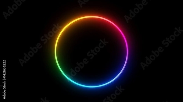 Fototapeta Rainbow circle neon light, dark background, design element