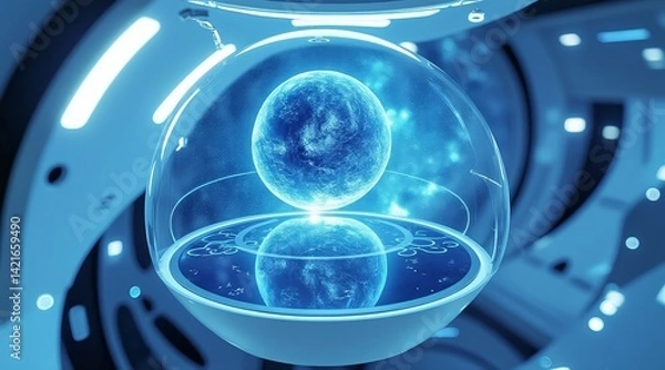 Fototapeta IVF and Embryo concept, A futuristic spherical design with glowing elements in a blue environment.