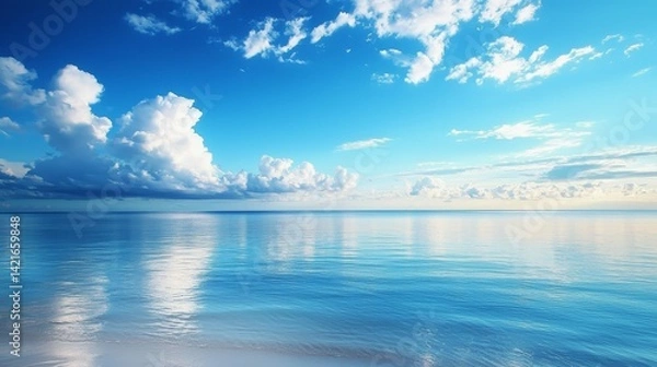 Fototapeta Tropical Beach Panorama Expansive Seascape of Sky Merging with the Ocean Horizon