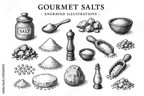 Fototapeta Engraved illustrations showcasing a variety of gourmet salts in elegant presentation with unique textures and forms