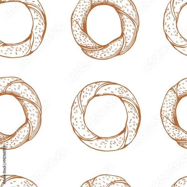 Fototapeta Hand-drawn simit , sesame bagel on white background. Vector seamless pattern. 
