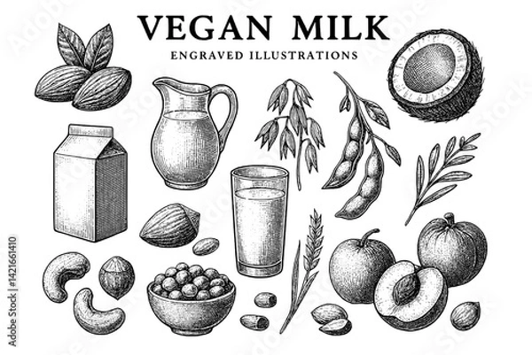 Fototapeta Discovering the art of vegan milk through engraved illustrations showcasing diverse ingredients and flavors