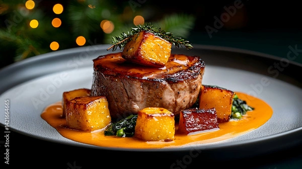Fototapeta Seared Steak with Roasted Pumpkin and Creamy Sauce