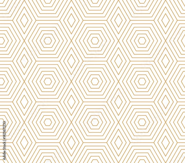 Fototapeta Modern geometric pattern featuring nested hexagons and elongated diamonds formed by thin gold lines on a clean white background.