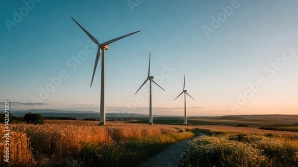 Fototapeta Three Modern Wind Turbines Standing Tall in a Serene Landscape During Sunset
