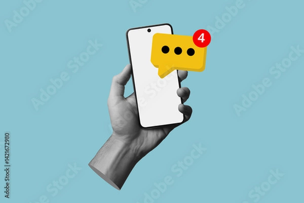 Fototapeta Art collage on the topic of messages on the phone. Modern methods of transmitting information using the global Internet. Modern way of communication