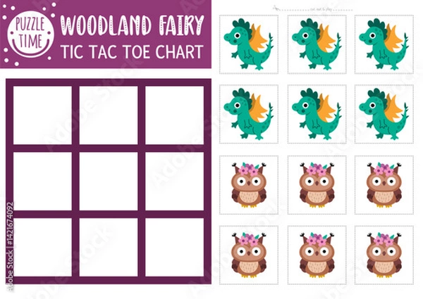 Fototapeta Vector fairyland tic tac toe chart with cute dragon and owl. Woodland creatures board game playing field with fantasy character. Funny printable worksheet. Magic forest noughts and crosses grid