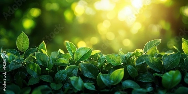 Obraz Lush green leaves shimmer in sunlight during a serene morning in a vibrant outdoor setting