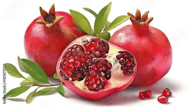 Fototapeta Pomegranate, cut open and whole pomegranates with leaves, isolated on a white background. Photorealistic image.