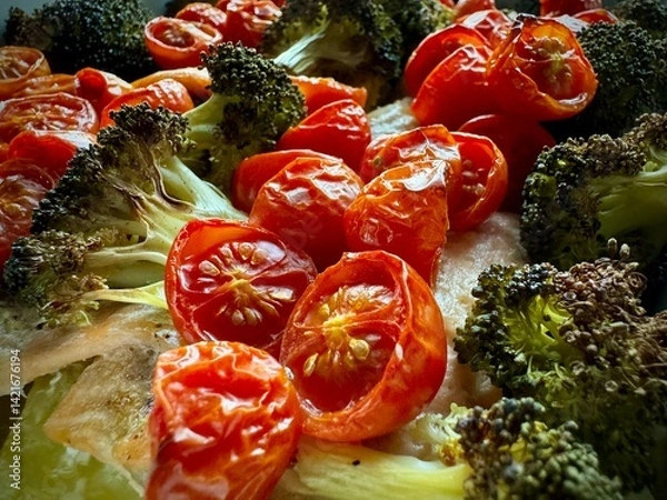 Fototapeta Close-Up of Oven-Baked Salmon with Roasted Cherry Tomatoes and Broccoli – Healthy Homemade Meal