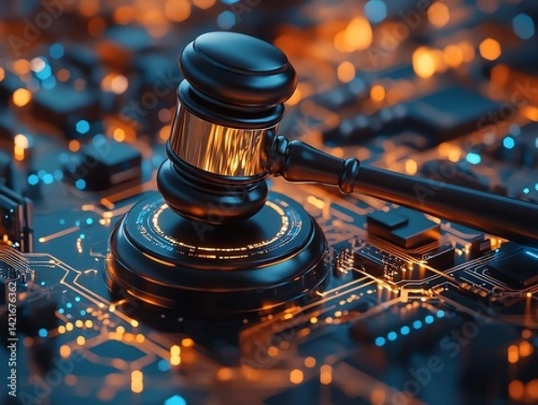 Obraz Gavel on Circuit Board: Cyber Law and Justice