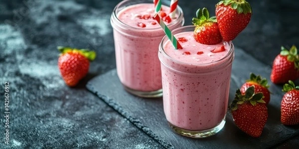 Fototapeta Refreshing strawberry smoothies served in jars with fresh strawberries on a dark background