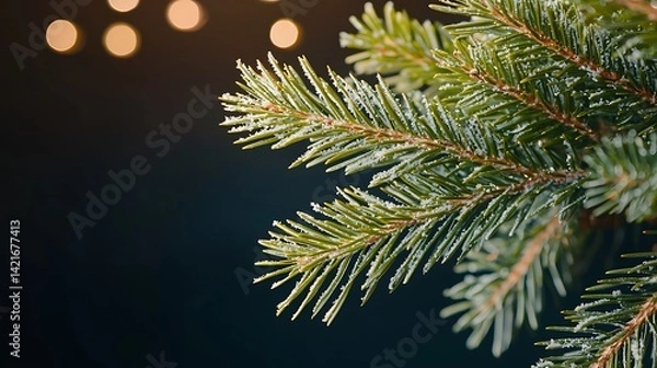 Fototapeta Snowy pine branch, lights bokeh