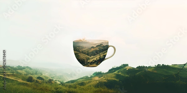 Fototapeta Surreal Tea Cup with Scenic Landscape – Conceptual Fusion of Nature and Tranquility
